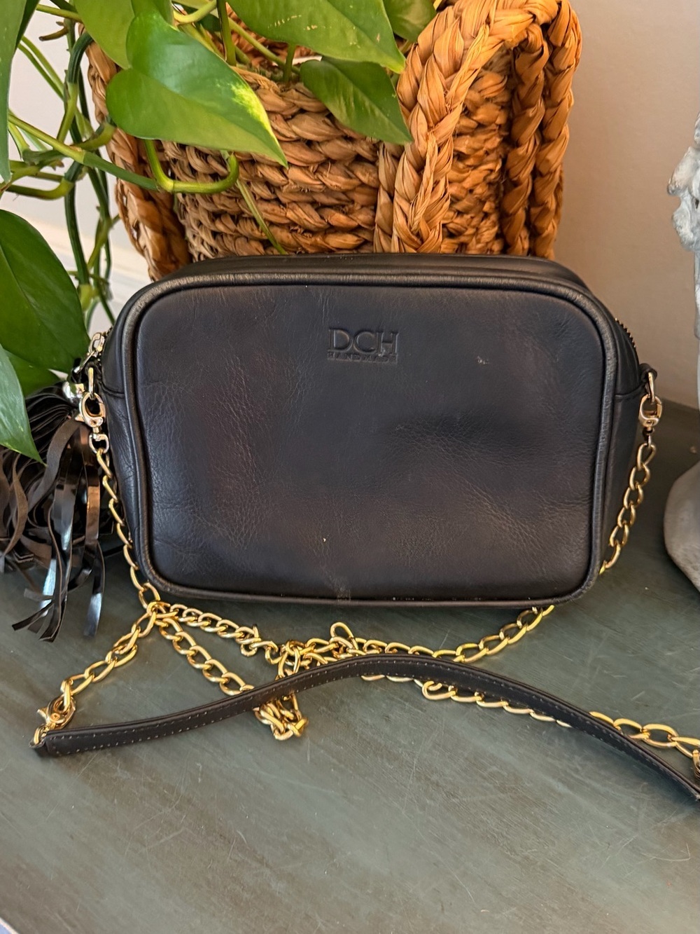 Holland Cooper Soho camera bag crossbody black leather with chain strap